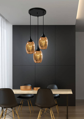 Lampa wisząca Marina szklane lustrzane klosze miedziane potrójna do jadalni