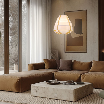 Lampa wisząca NAGOJA w stylu Japandi – biało-beżowy klosz z tworzywa i drewna – skandynawska lampa do salonu E27