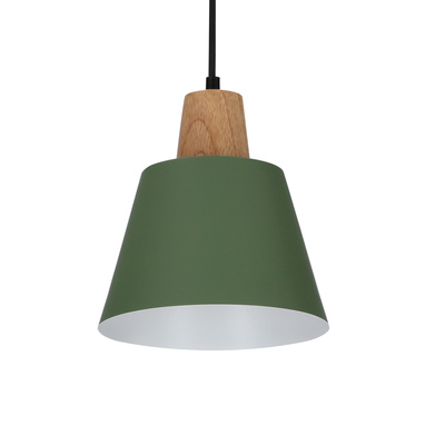 Lampa wisząca Faro zielona metalowa z drewnem do salonu pojedyncza E27